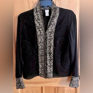 J Jill Silk Cotton Black Tan Blouse Jacket Snaps SZ PM Embroidered Whimsigoth